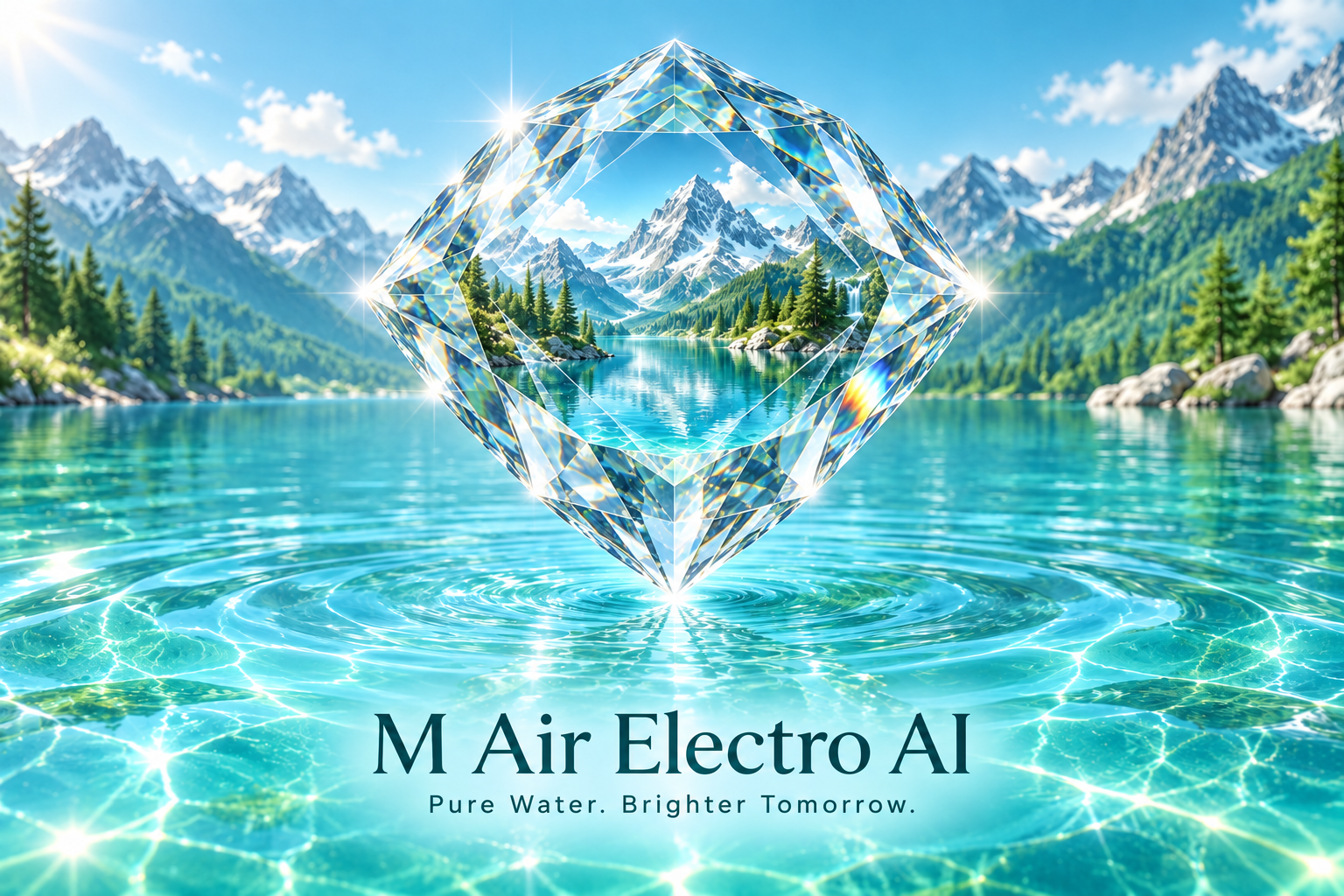 M Air Electro AI — cristal strălucitor cu munți în interior, deasupra apei turcoaz. Pure Water. Brighter Tomorrow.